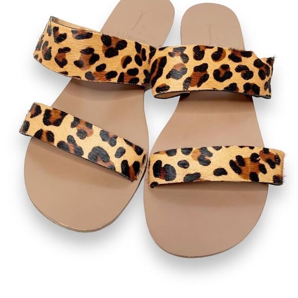 J. Crew | Leopard Calf Hair Slip On Double Strap Open Toe Sandals Women's Size 7 - Picture 3 of 9